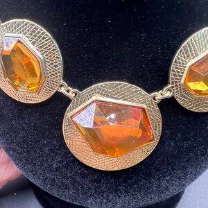 Gold Tone Citrine Statement Necklace Textured Discs 20” plus 4” Extender
